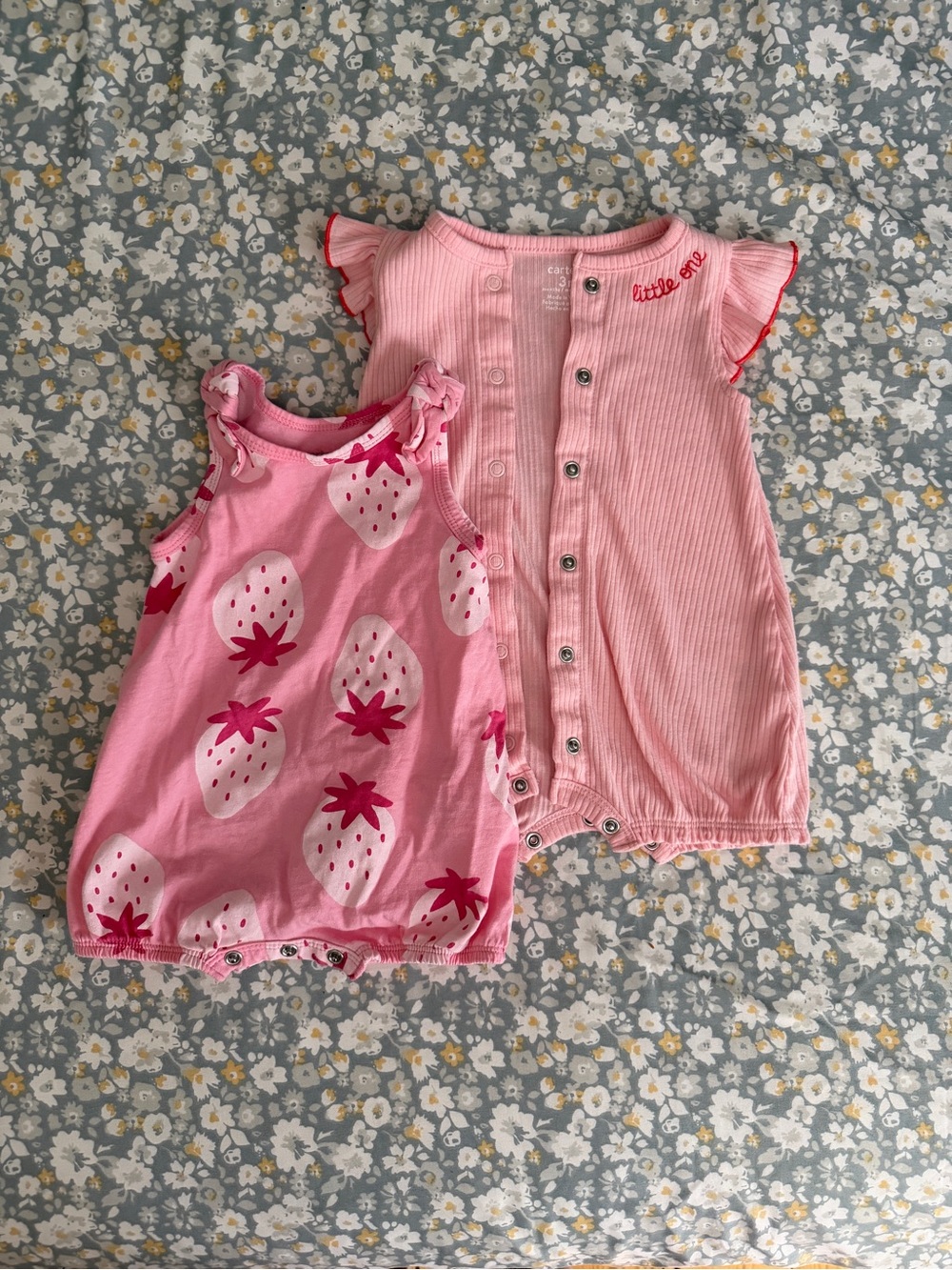 Set of Carter's Baby Girl Rompers Pink Strawberry Print & Solid Pink
